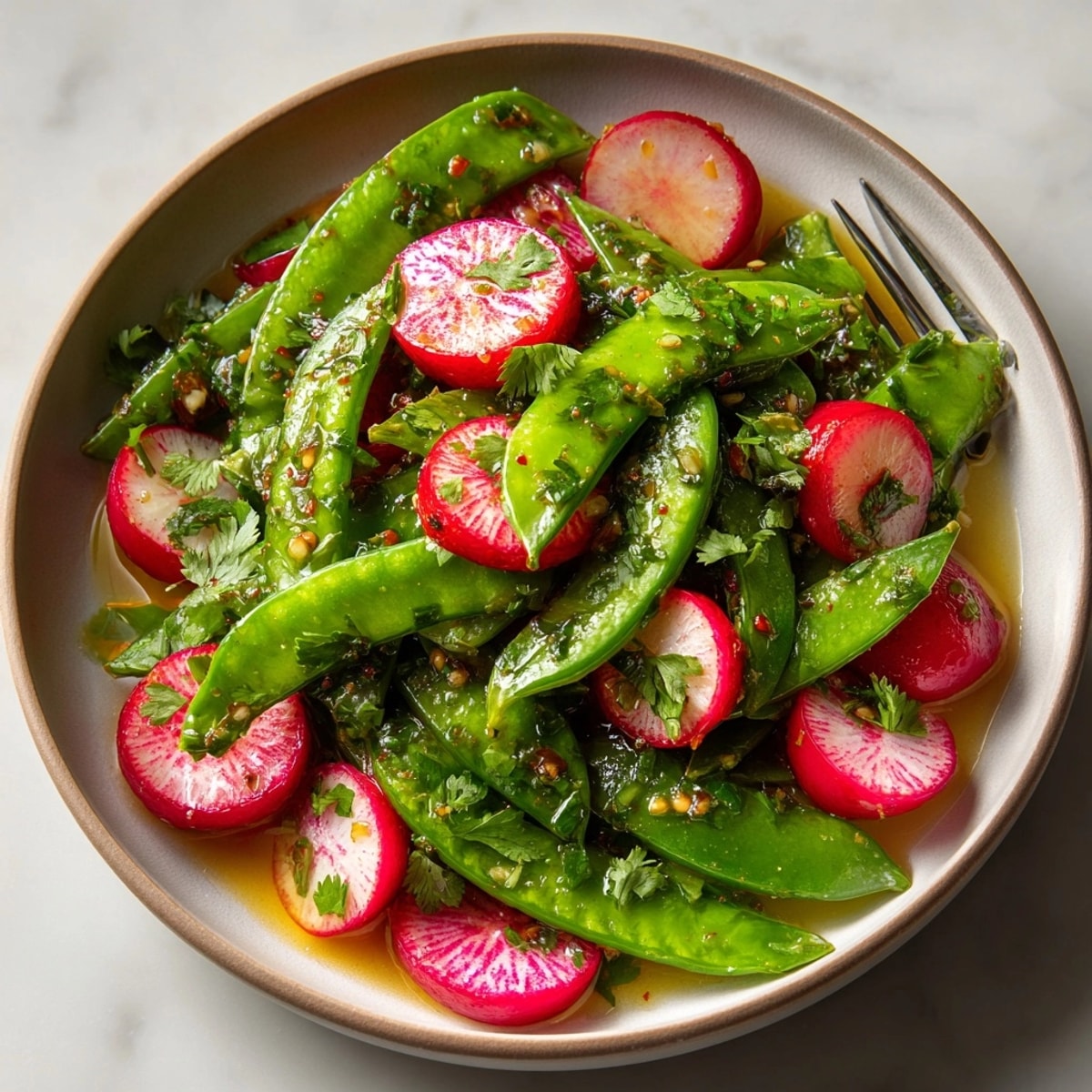 A colorful, crunchy Sugar Snap Pea & Radish Salad with honey-lime dressing ready to serve.