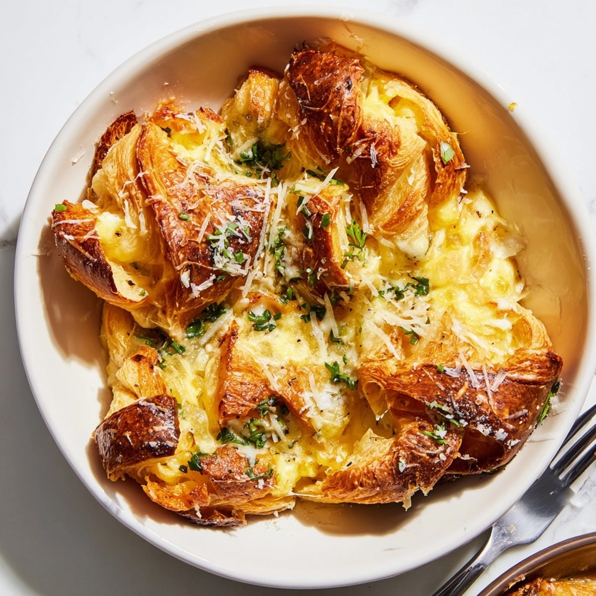 Close-up of a warm and comforting slice of Cheesy Garlic Egg Croissant Bake.