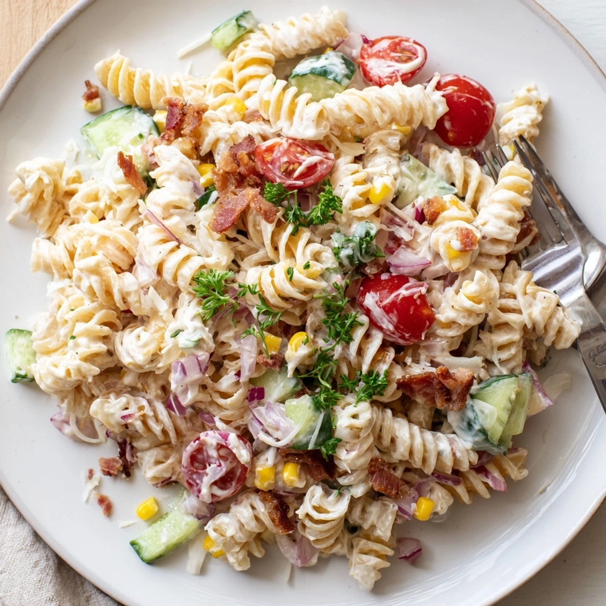 Homemade Alfredo Bacon Ranch Pasta Salad loaded with fresh ingredients, ready to serve cold.
