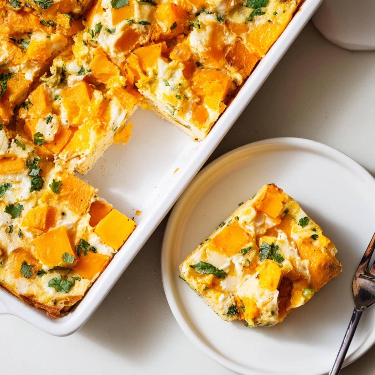 Scrumptious Mango Sweet Potato Egg Bake, warm from the oven, garnished with fresh cilantro.