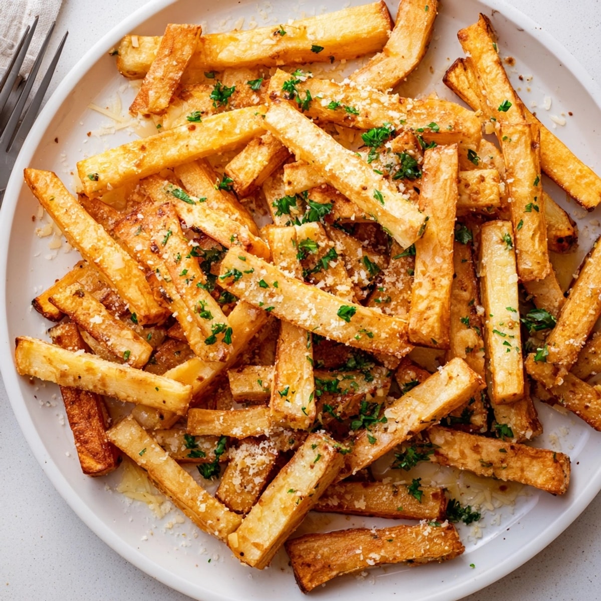 Golden Garlic Parmesan Yam Fries baking sheet, ready as a flavorful side dish.