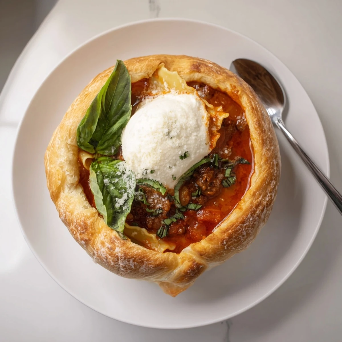 Warm and comforting Lasagne Soup Croissant Bowls topped with creamy cheese and fresh basil.  