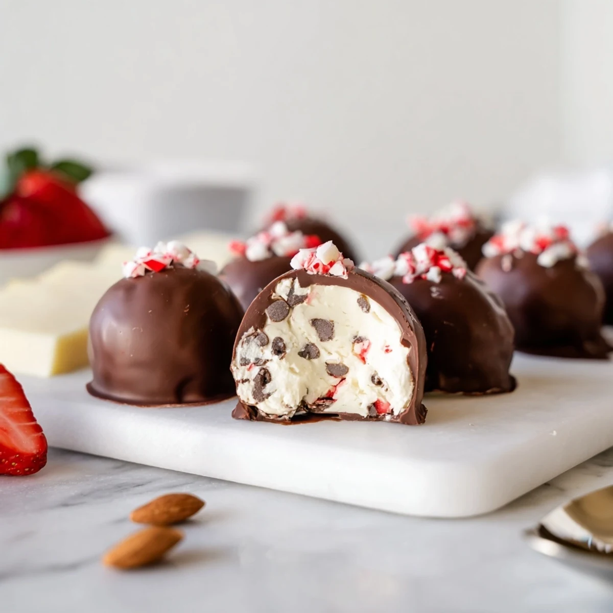 Irresistible peppermint cream cheese filling inside Charcuterie Board Peppermint Bark Balls, perfect for holiday gatherings.  