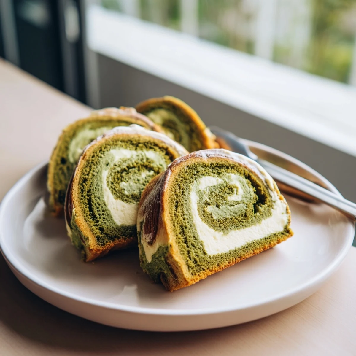 Fluffy matcha pumpkin muffin roulades rolled with creamy filling, perfect for autumn gatherings.