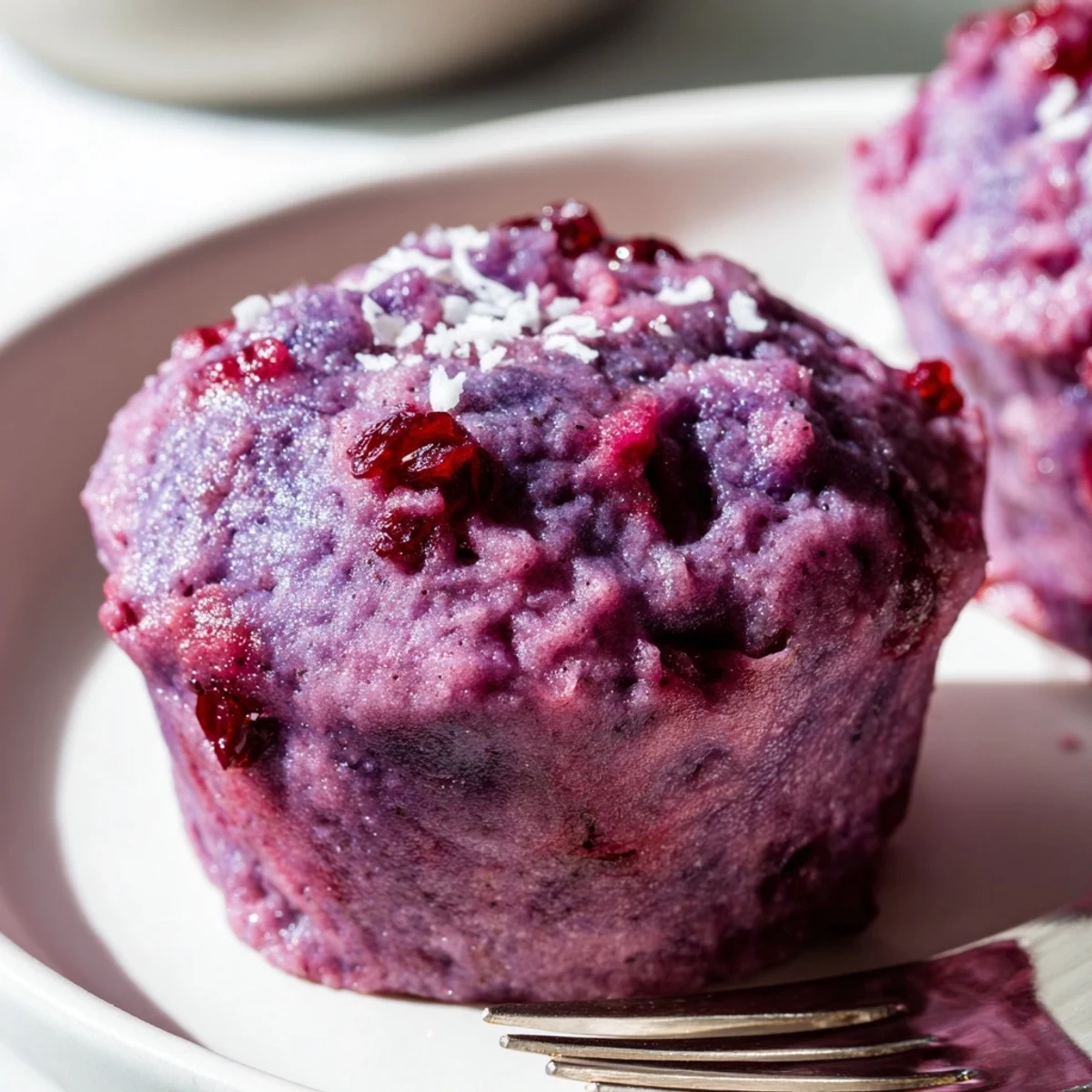 Soft Ube Cranberry Mochi Muffins fresh out of the oven, invitingly vibrant purple.  