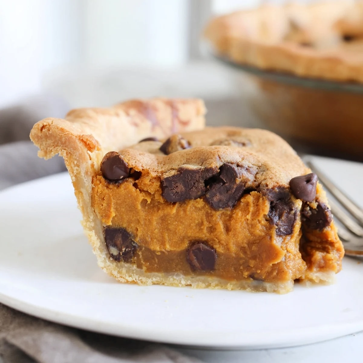 Warm and gooey pumpkin chocolate chip cookie pie, perfect for cozy fall gatherings.