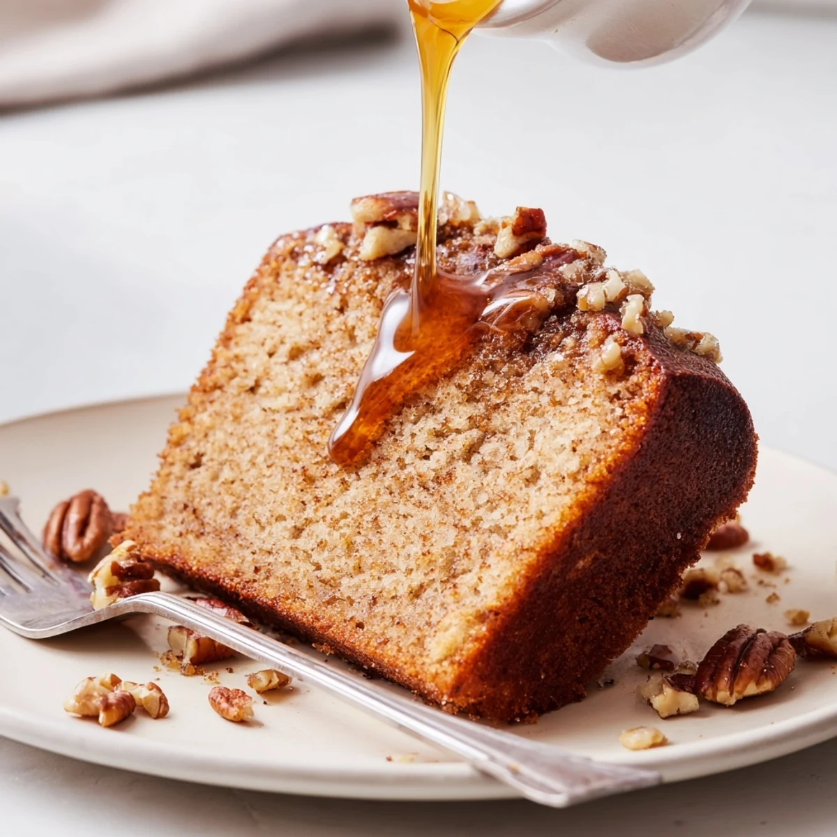 Moist Maple Bourbon Cake Pancake Loaf topped with toasted pecans and syrup.  