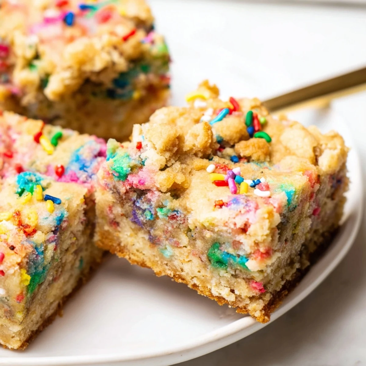 Soft, chewy Funfetti Soda Streusel Blondie Bars topped with colorful rainbow sprinkles.  