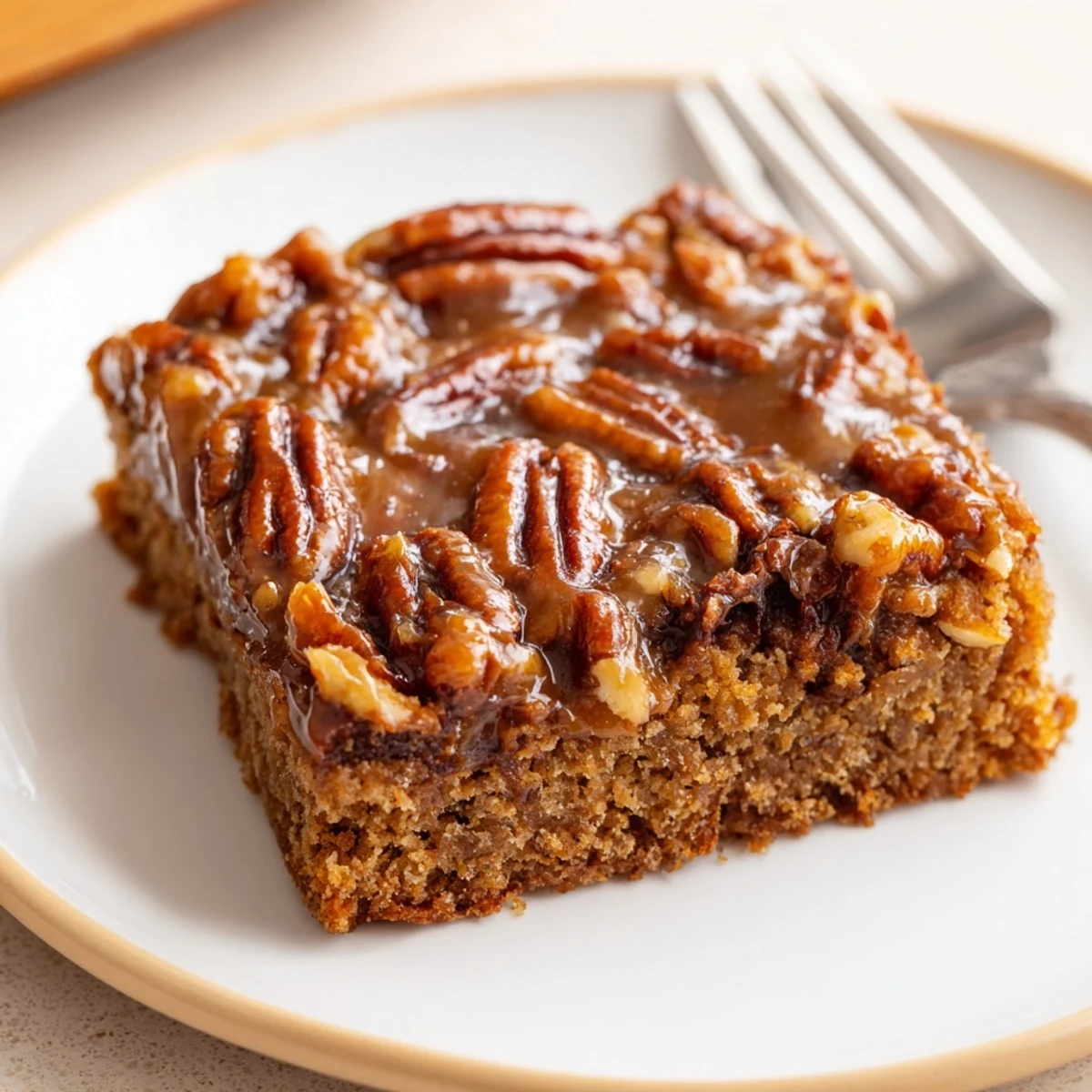Delicious Caramel Pecan Cookie Sheet Cake drizzled with caramel glaze and nuts.  
