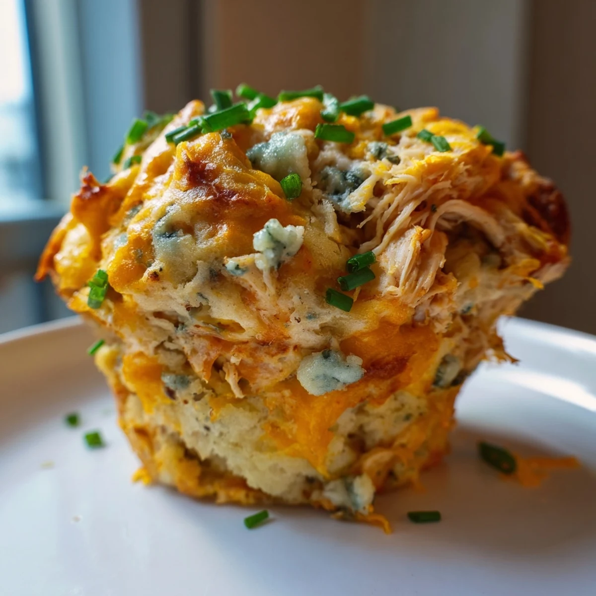 Spicy Buffalo Chicken Soda Muffins topped with melted cheese, perfect for game day.  