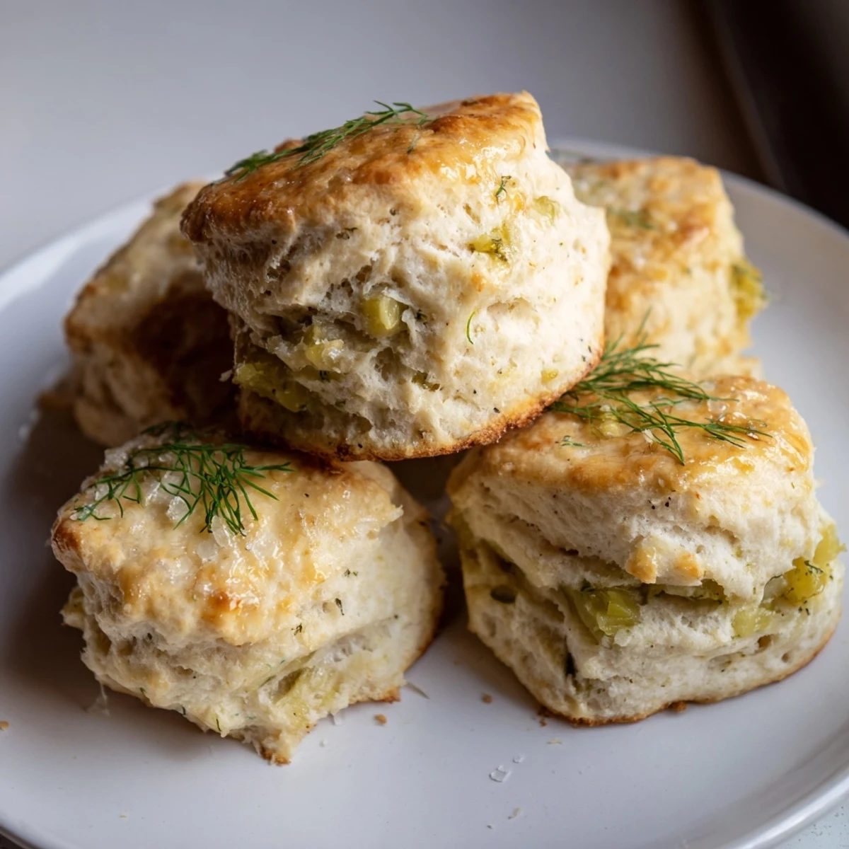 Fluffy Dill Pickle Honey Biscuit Scones with golden crust and savory pickle bits.  