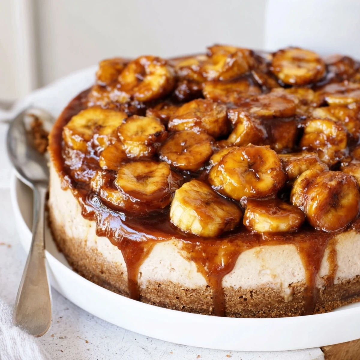 A decadent Caramelized Banana Cheesecake with Rum Glaze topped with glossy bananas.