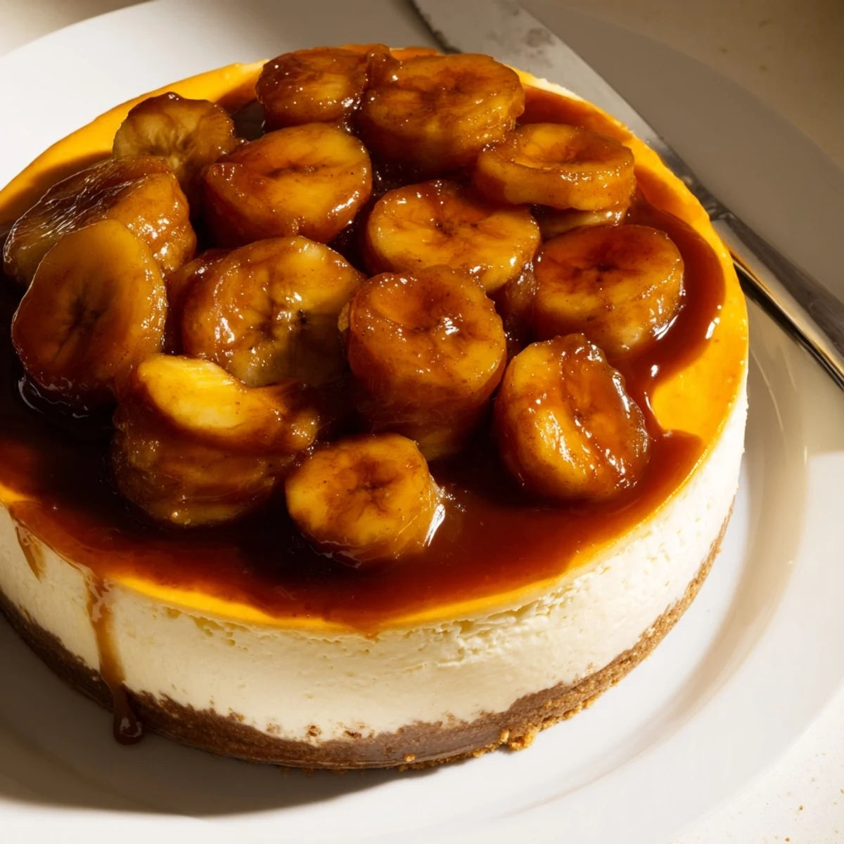 A creamy Caramelized Banana Cheesecake with Rum Glaze, drizzled with warm, rich glaze.