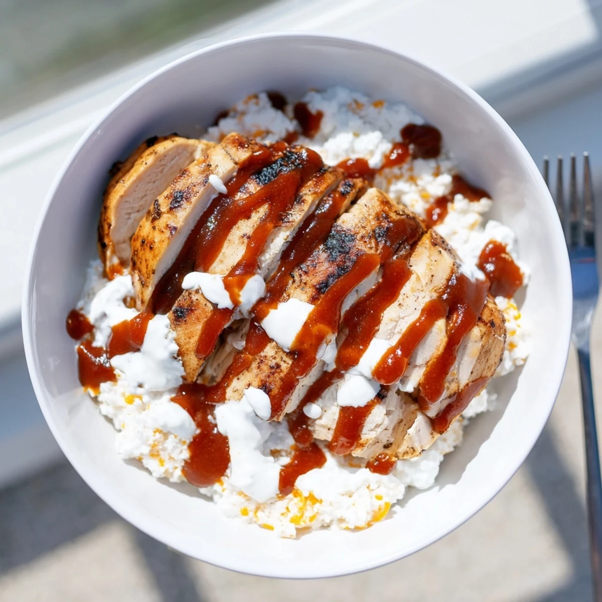 Satisfying BBQ Ranch Chicken Bowl served in a vibrant dish, loaded with protein goodness.  