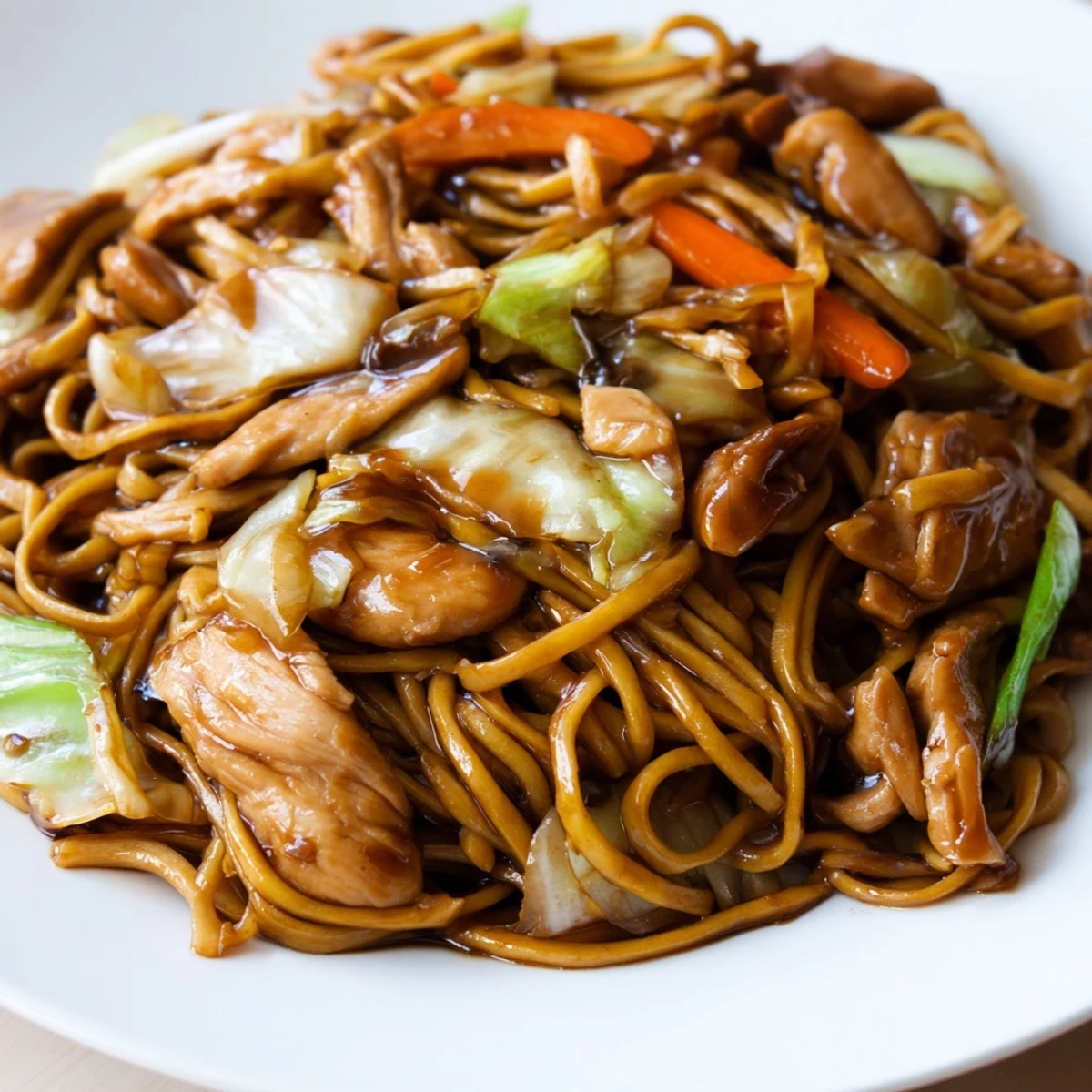 Tender Chicken Lo Mein topped with sautéed veggies and savory sauce.  
