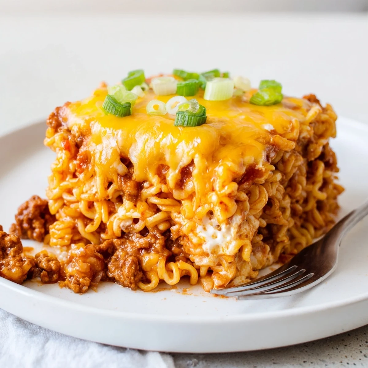 Delicious Spicy Ramen Lasagna layered with cheese, pork, and vibrant spices.  