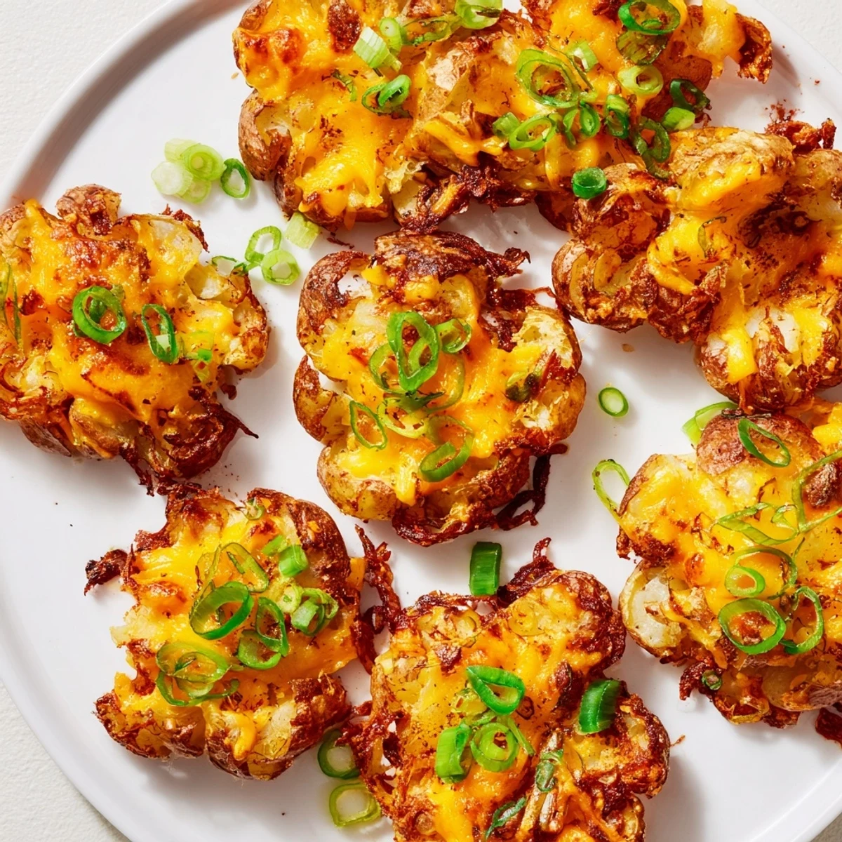 Crispy smashed green onion potato bombs topped with melted cheese and herbs.  