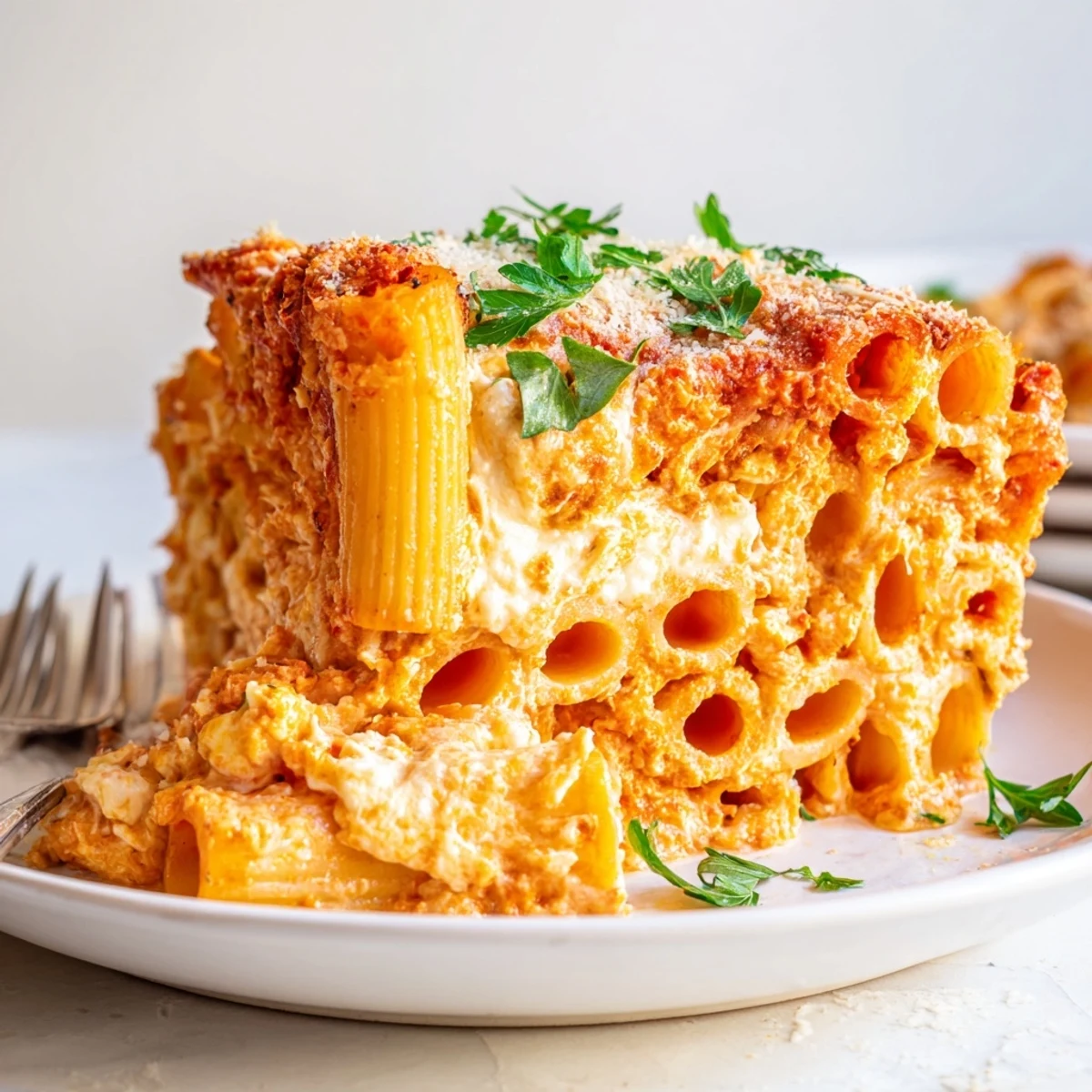 Dish of Honeycomb Pasta Cake, golden cheese bubbling amidst rich tomato sauce.  