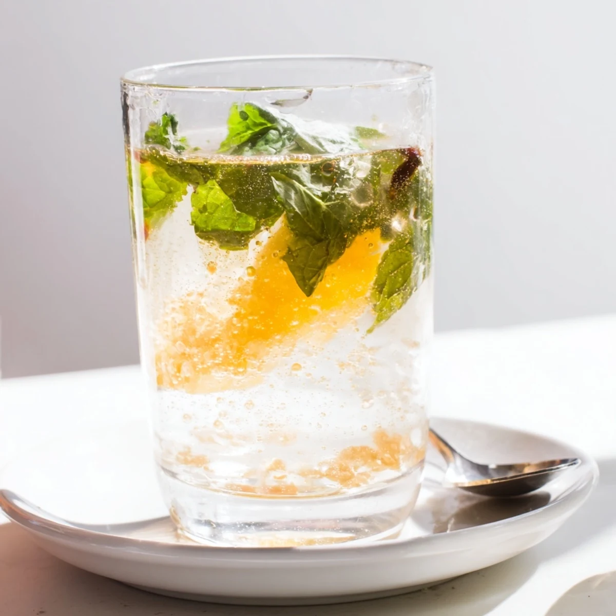 Refreshing probiotic soda mocktail with mint and citrus garnishes in glasses.  