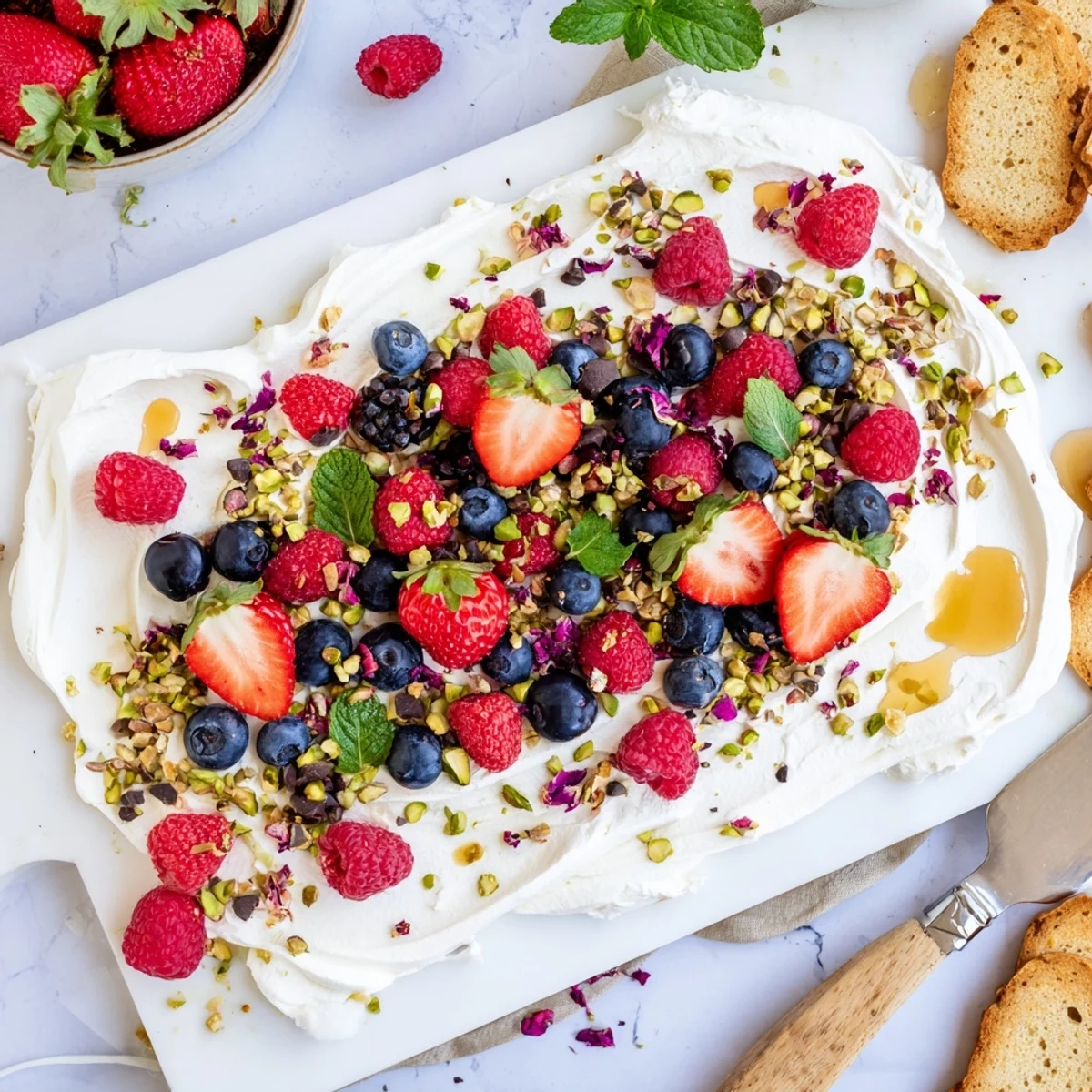 Delicious butter board dessert with whipped cream cheese, berries, and chocolate toppings.