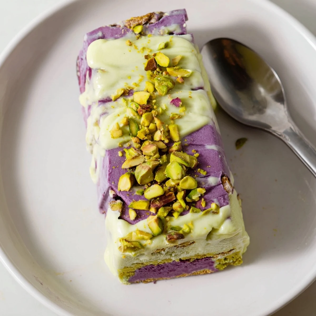 Creamy ube and pistachio ice cream bars drizzled with sweetened condensed milk.  