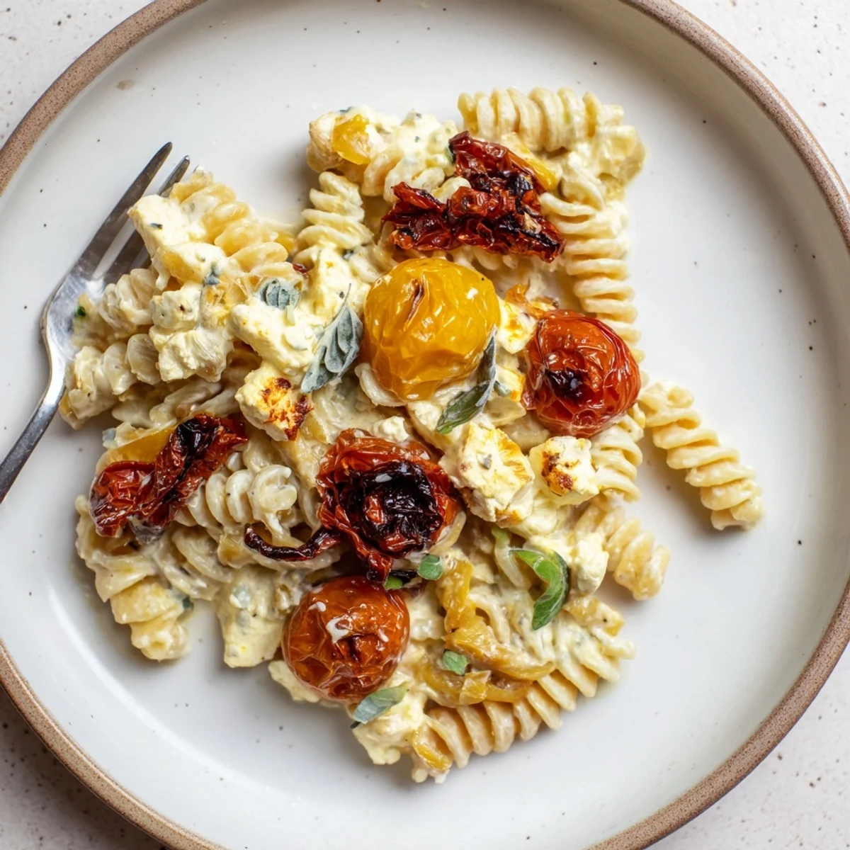 Creamy baked feta pasta topped with caramelized onions and fresh basil.  