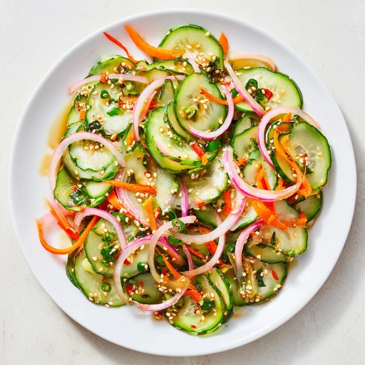 Refreshing cucumber salad remix with vibrant vegetables and Asian-inspired dressing.  