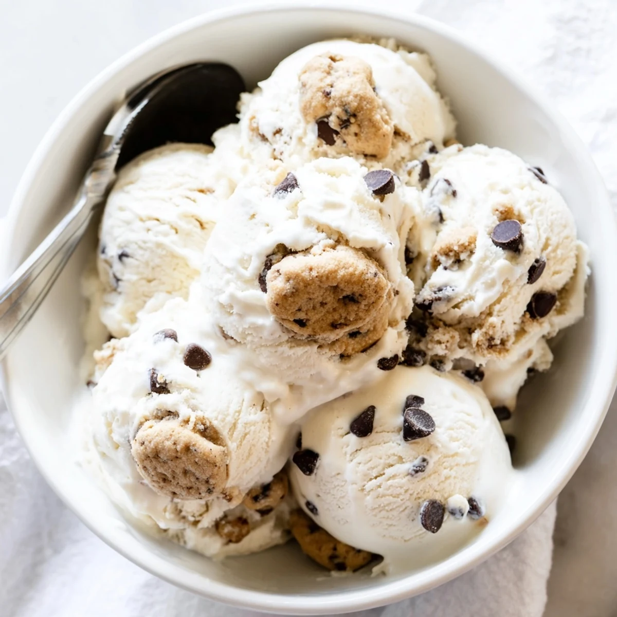 Indulge in Cottage Cheese Ice Cream with Cookie Dough, topped with sweet chocolate chips.  