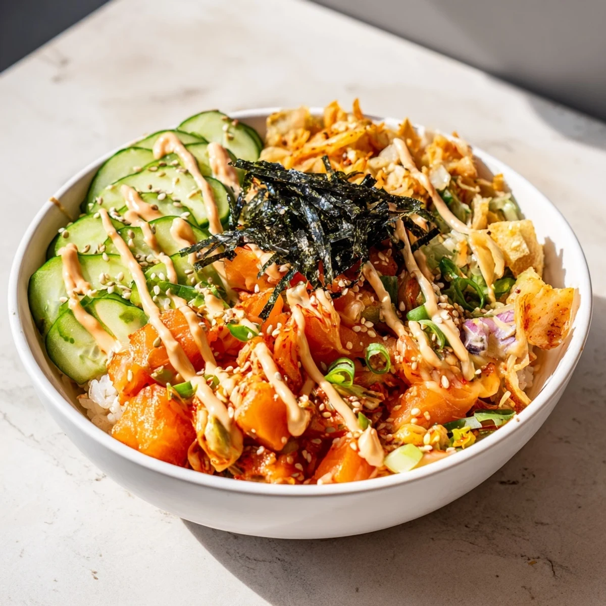Crispy salmon rice bowl topped with spicy mayo, tangy kimchi, and vibrant veggies.  