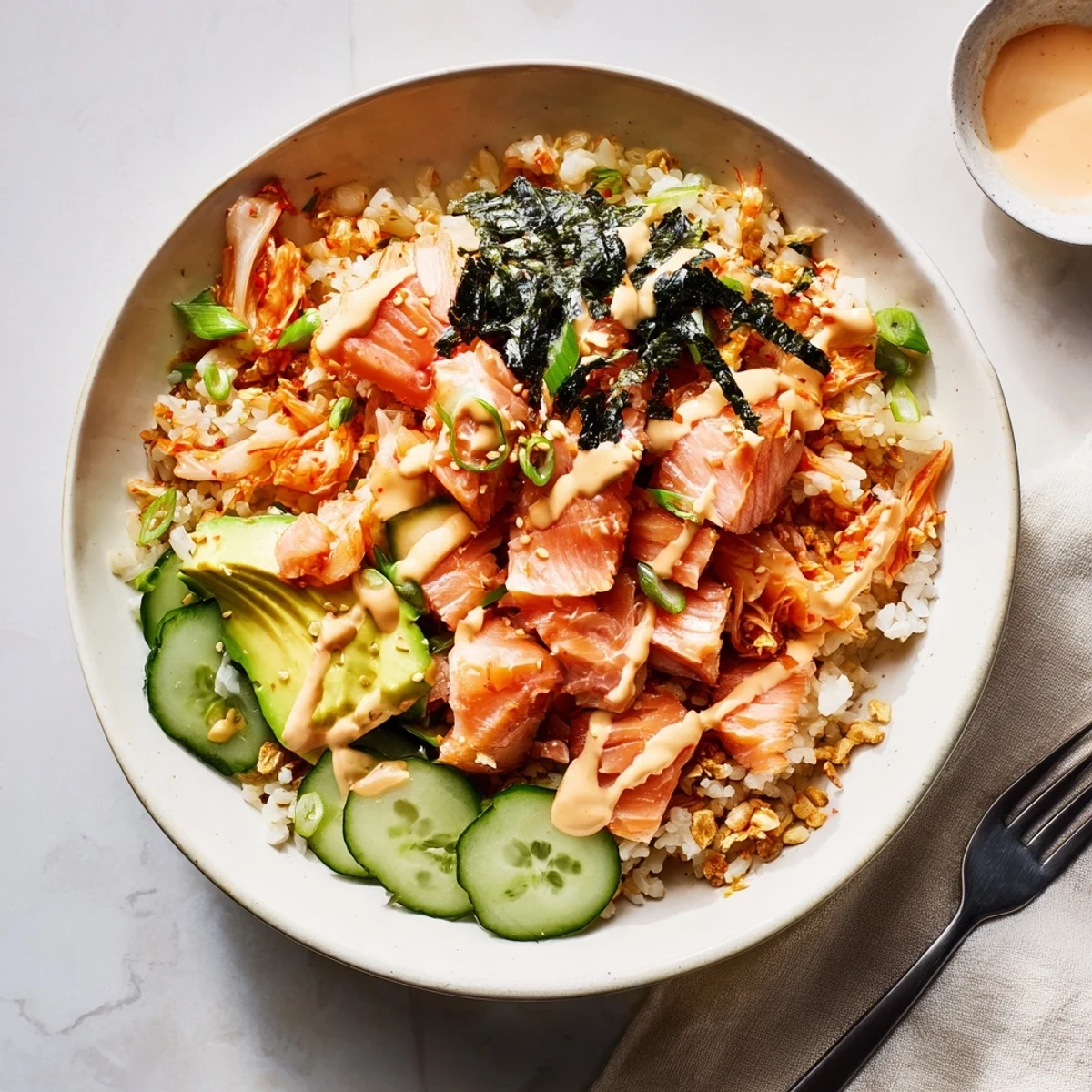 Golden, crispy salmon rice bowl featuring creamy avocado and zesty garlic crunch.  