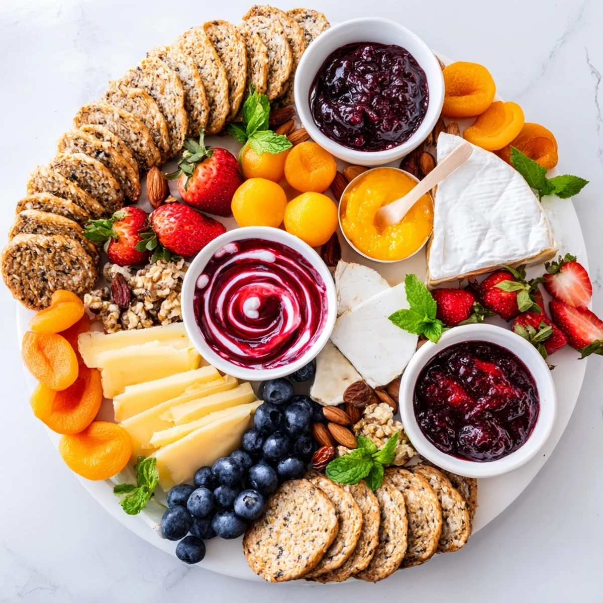 A colorful jam-infused brunch board featuring savory cheeses and fresh fruits.  