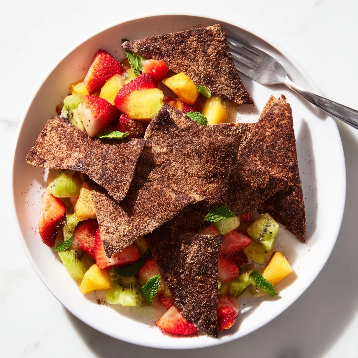 Crispy chocolate tortilla chips served with vibrant fruit salsa for dessert delight.  