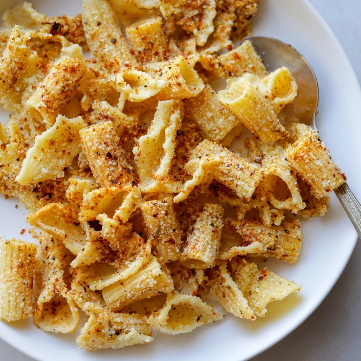 Crispy pasta chips seasoned with garlic and paprika, perfect for dipping.  