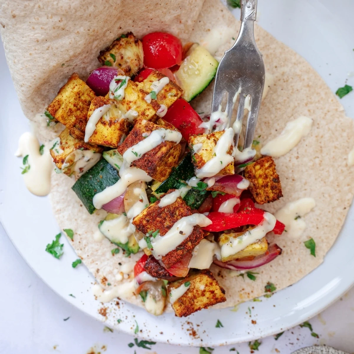 Delicious Vegan Viral Recipe re-make, featuring colorful roasted vegetables and tangy sauce.  