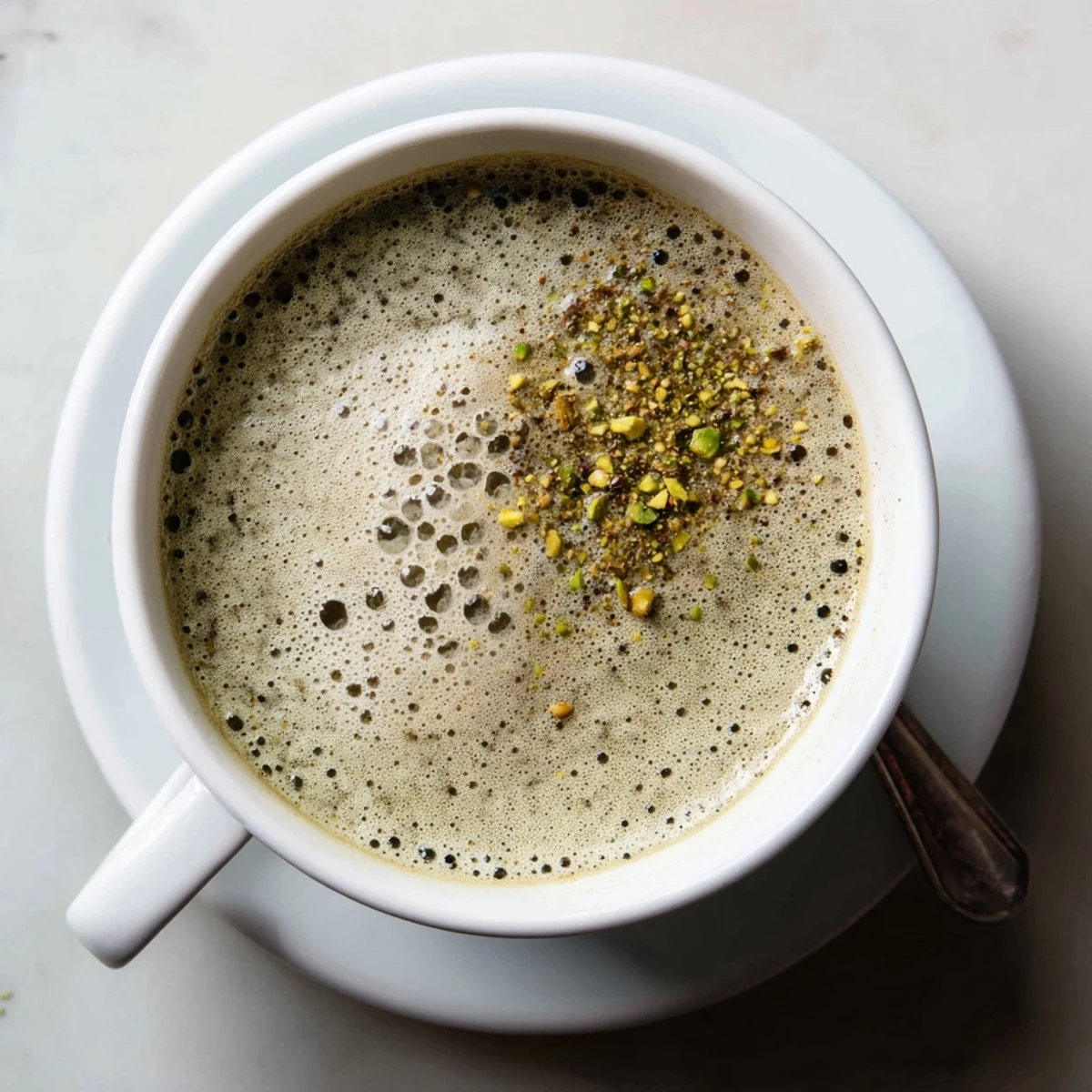 Creamy pistachio milk latte topped with crushed nuts, perfect for coffee lovers.  