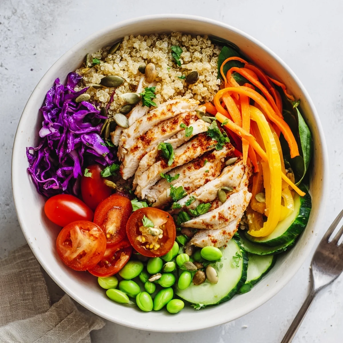 Delicious Healthy Meal-Prep Bowls showcasing layered ingredients and topped with pumpkin seeds.