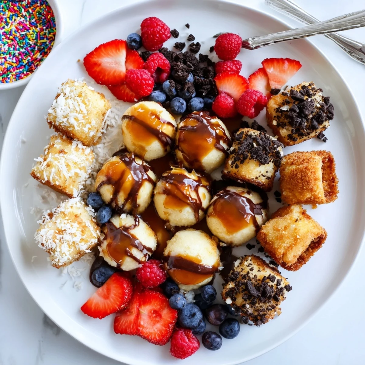 Deconstructed dessert board showcasing creamy cheesecake bites and vibrant fresh toppings.  