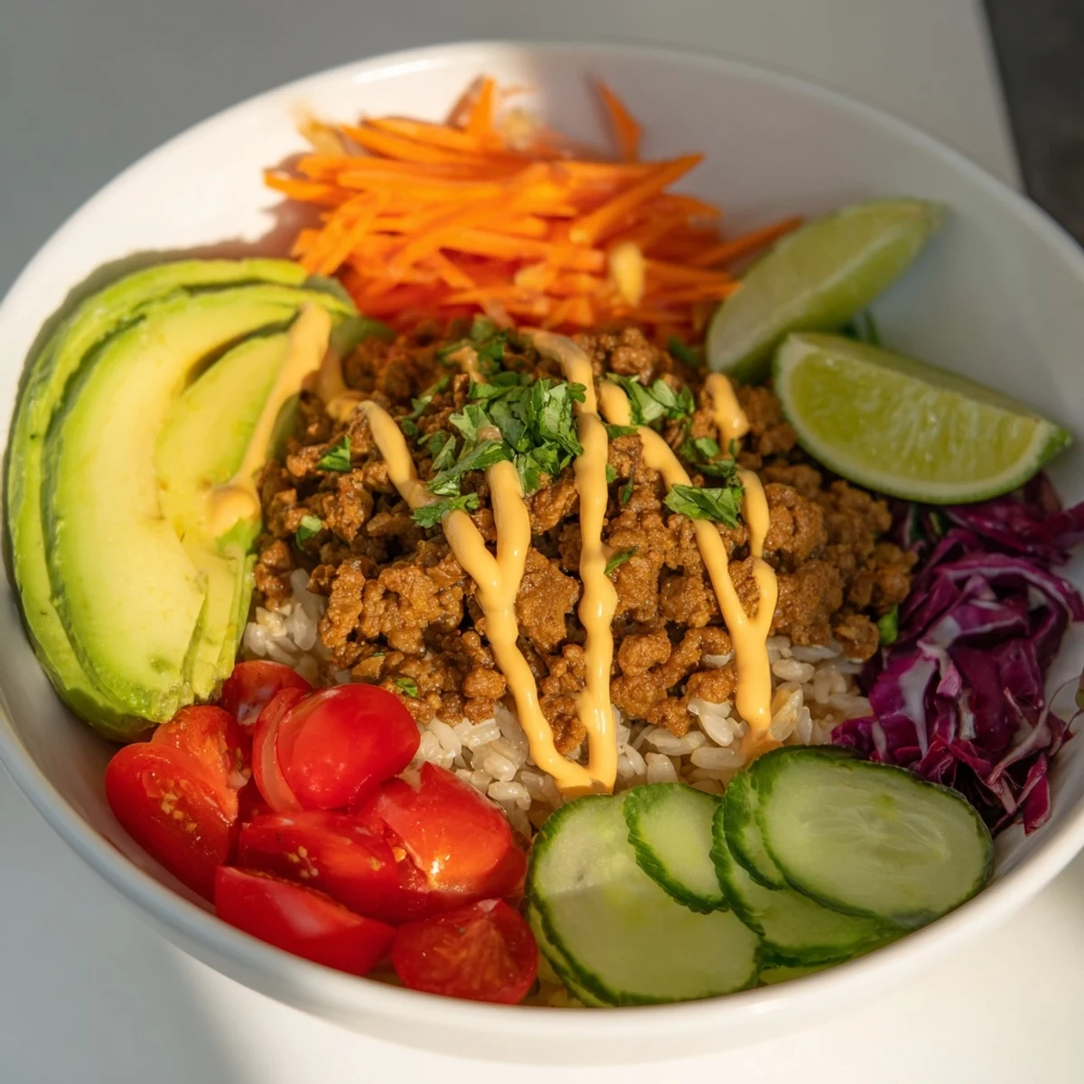 Wholesome plant-based meat bowl garnished with cilantro and zesty lime wedges.