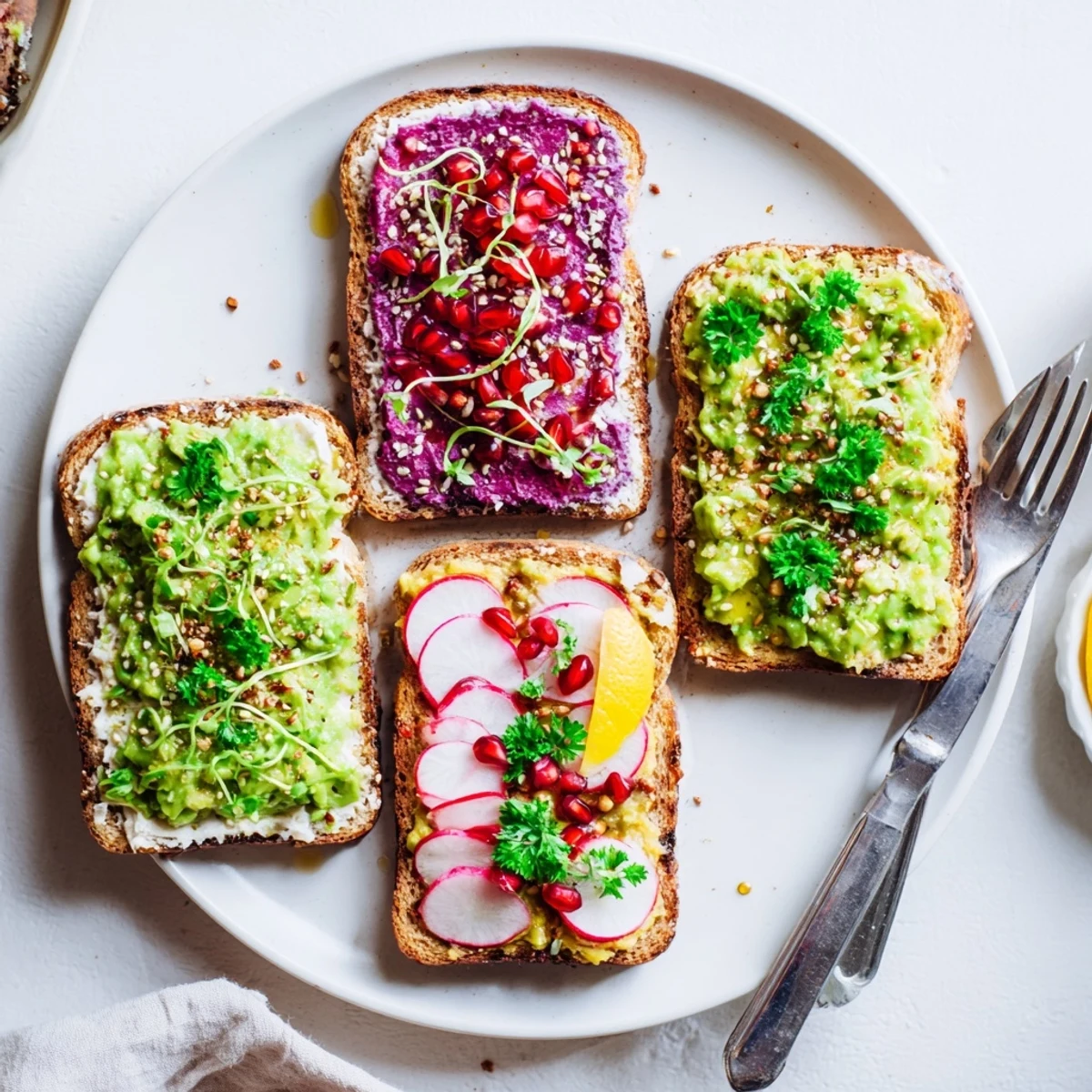 Vibrant Bright & Bold Breakfast Toasts topped with ube, avocado, and fresh radishes.  