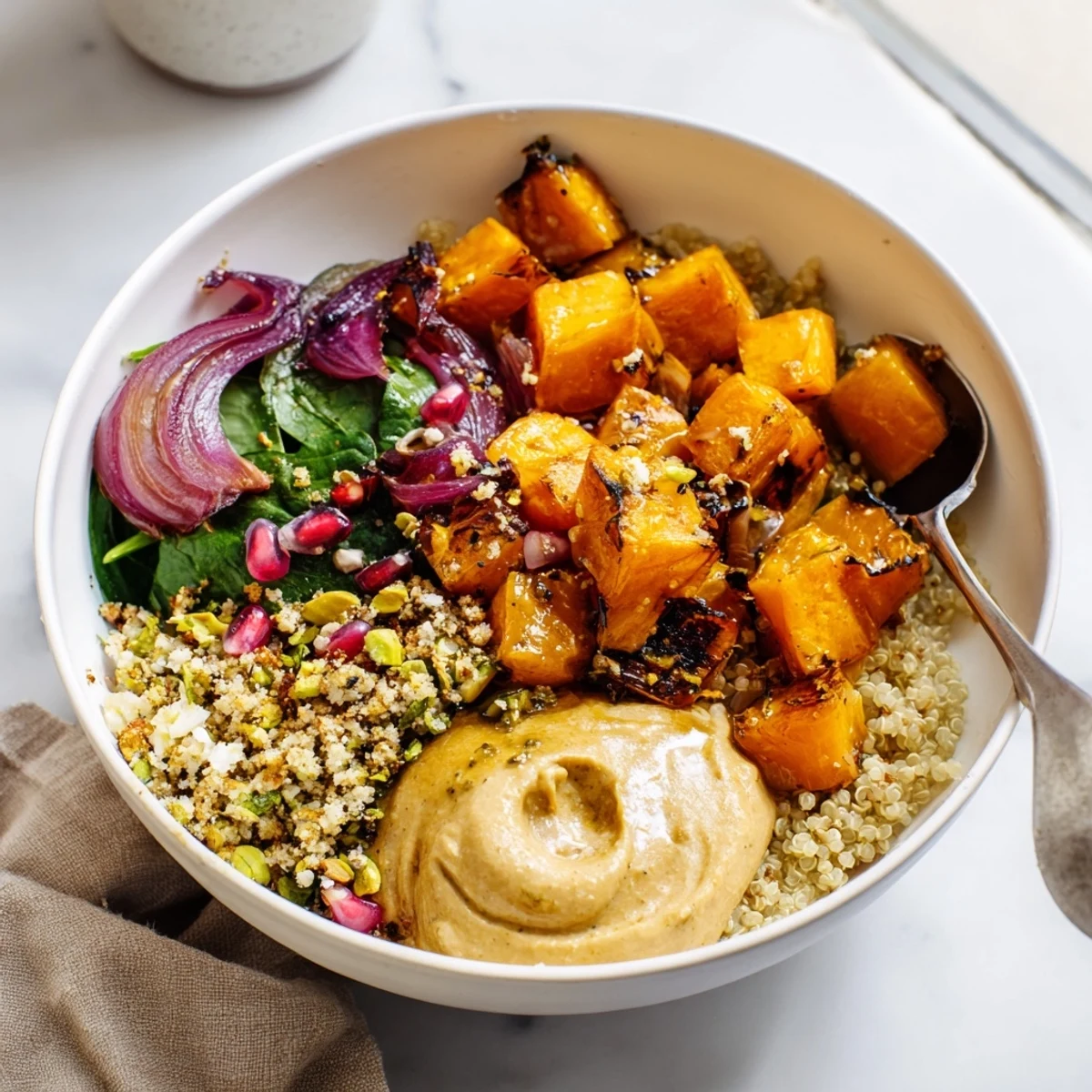 A vibrant Spiced Winter Bowl filled with roasted veggies, ube-coconut purée, and pistachios.