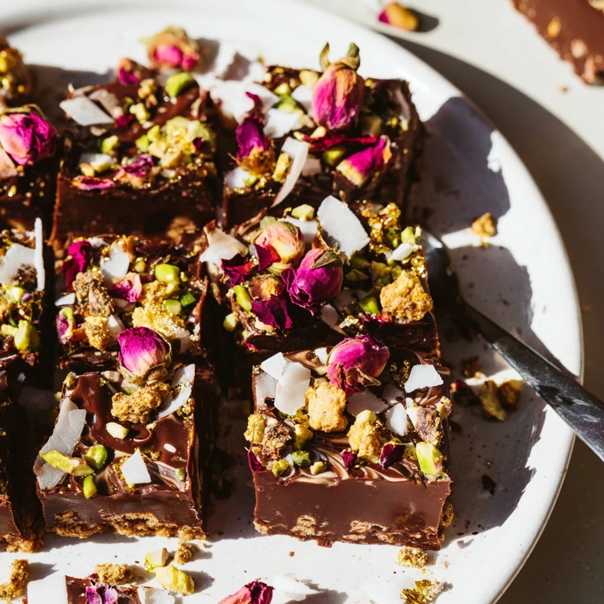 Decadent chocolate bar inspired creations with a crunchy pistachio topping await you.  