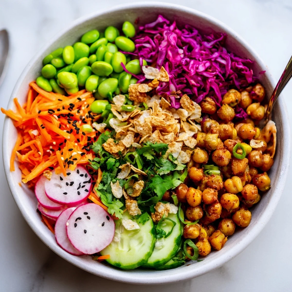 Crunchy ASMR Snack Bowls featuring rainbow carrots and roasted chickpeas for texture.  