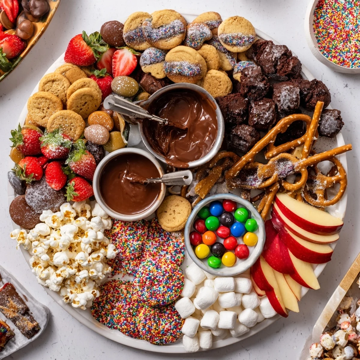 Vibrant dessert board featuring cookies, candies, and dips, perfect for any celebration.
