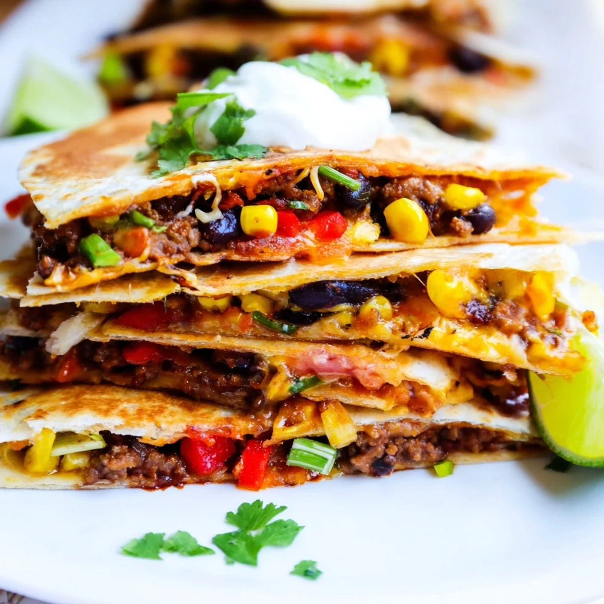 Crispy sheet pan quesadillas with beef, cheese, and vibrant veggies ready to serve.  