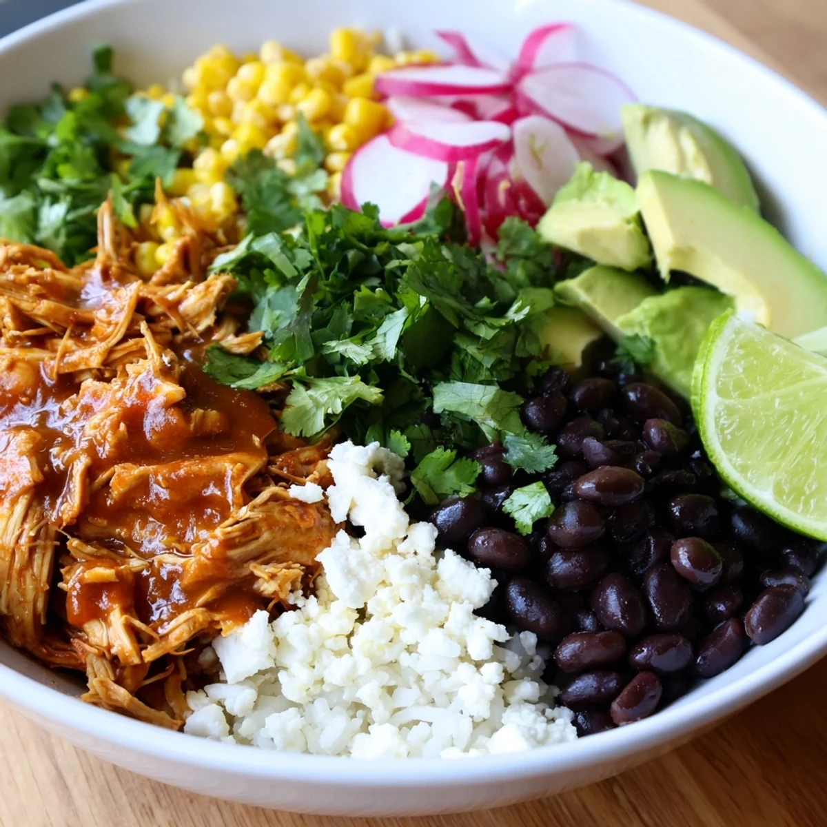 Vibrant green enchiladas rice bowl topped with fresh vegetables and savory chicken.  