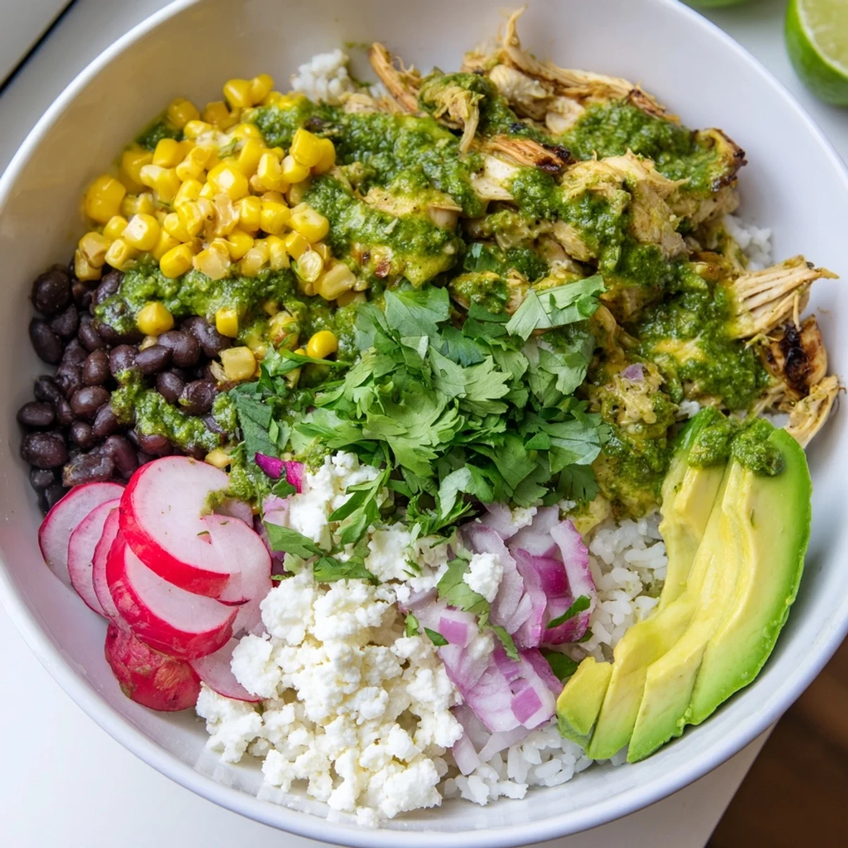 Colorful green enchiladas rice bowl featuring fluffy rice, zesty sauce, and crumbled cheese.