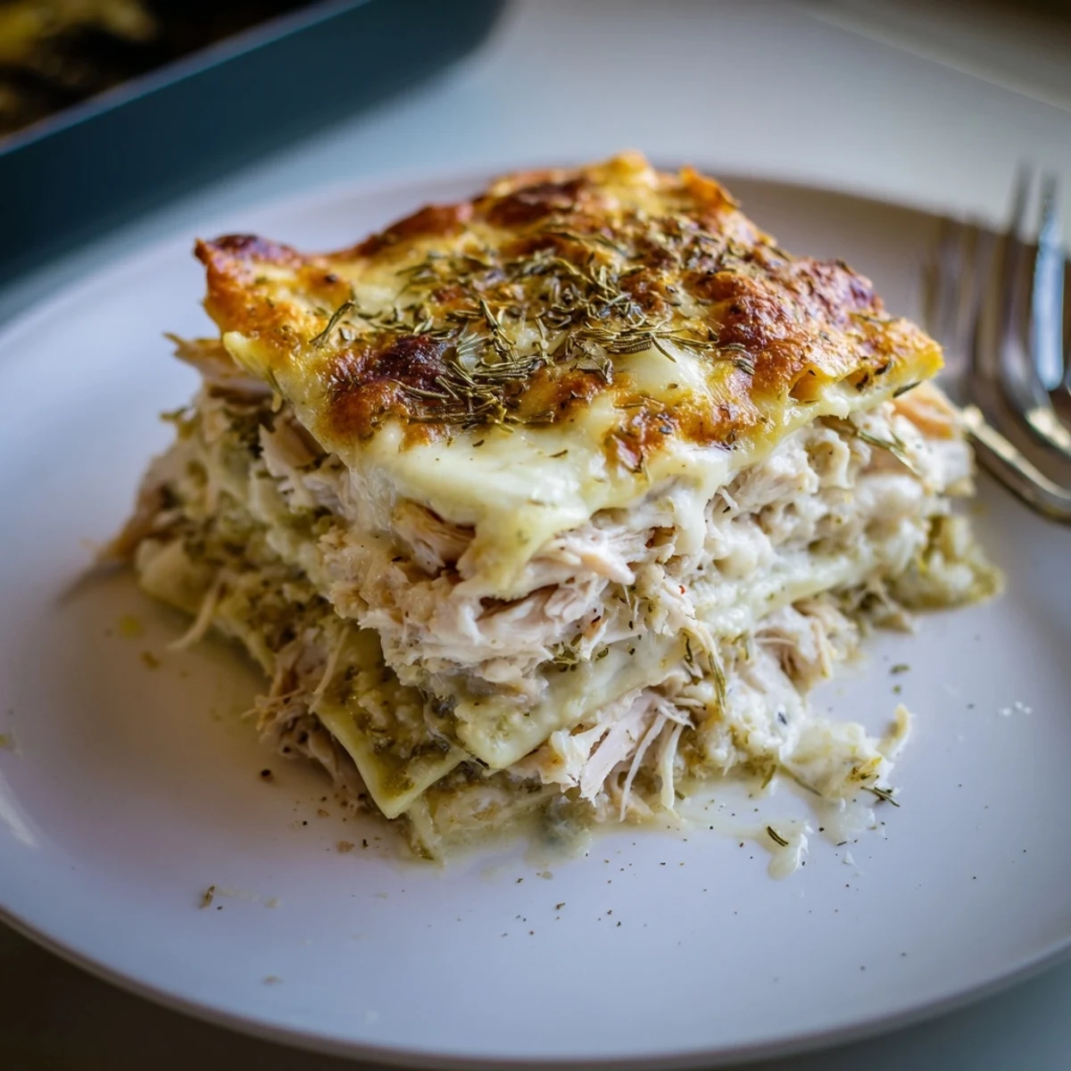 Warm, cheesy rosemary chicken lasagna topped with crispy mozzarella, perfect for family dinners.