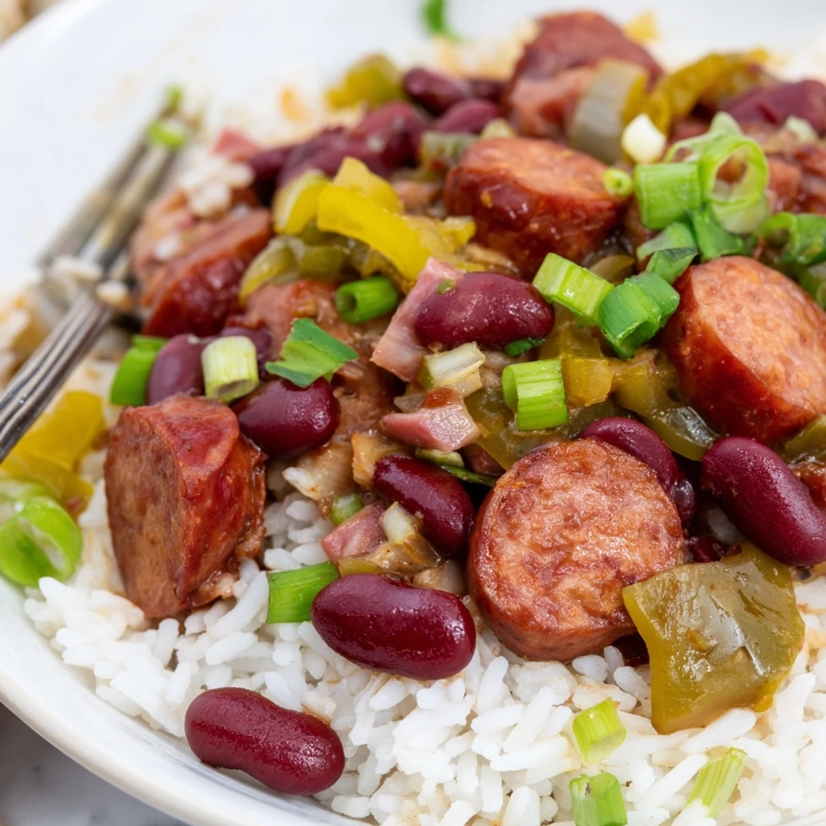 Rich and hearty Red Beans & Rice served with green onions and hot sauce.  