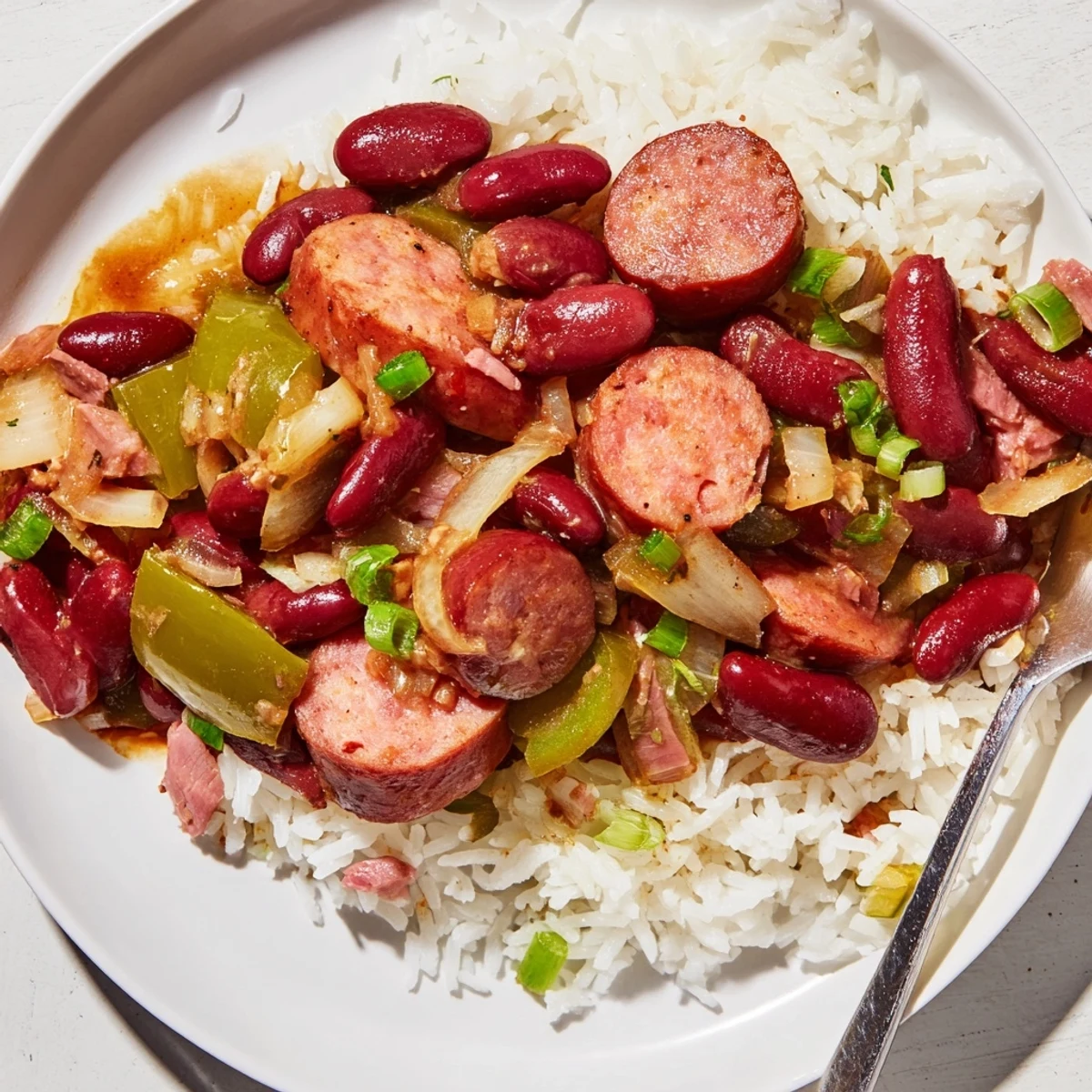 Comforting Red Beans & Rice garnished with parsley and a dash of hot sauce.