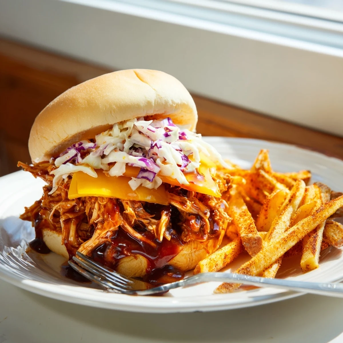Juicy BBQ Chicken Sliders piled high with coleslaw and melted cheese, served with fries.  